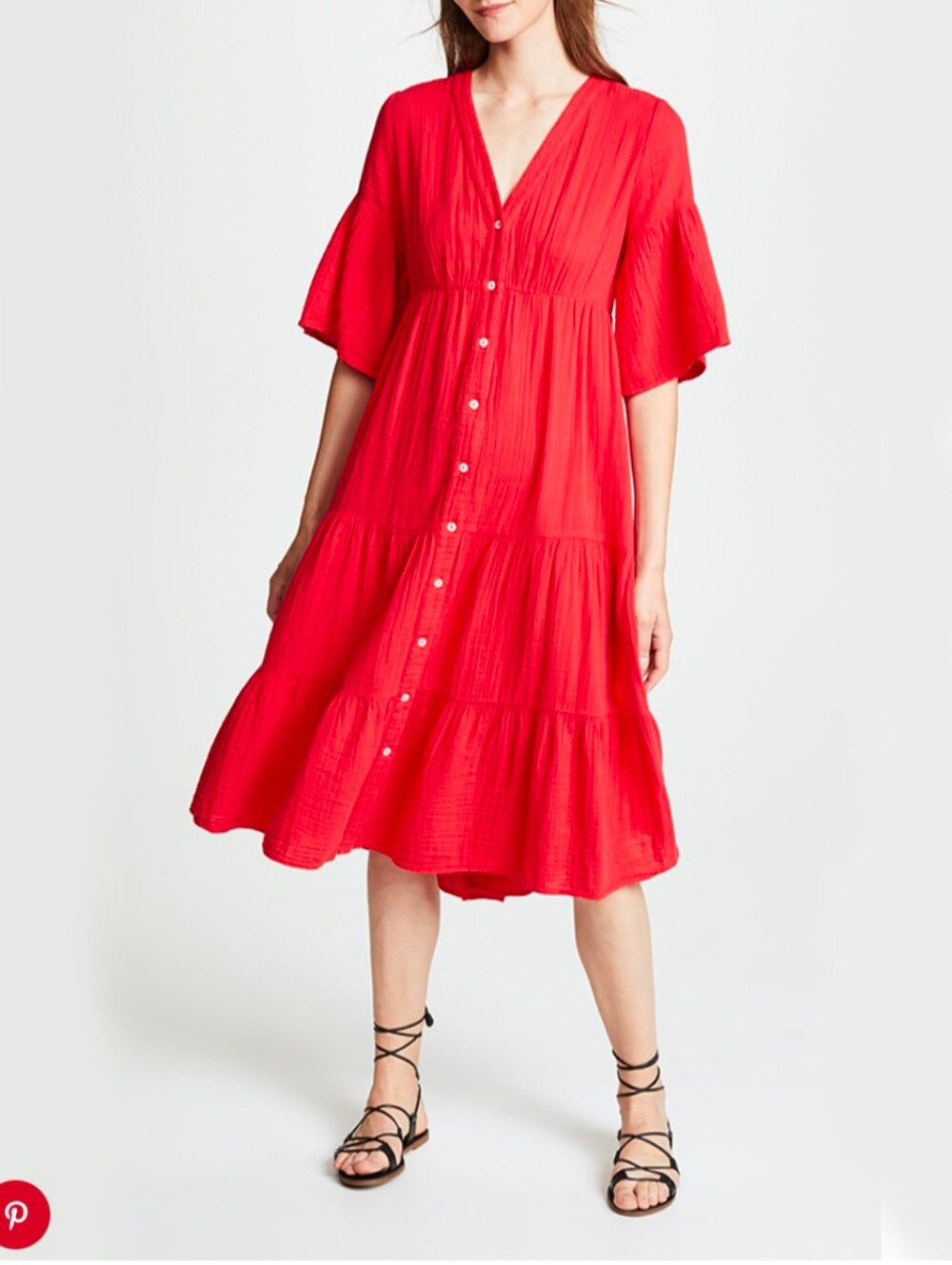 Saks Fifth Avenue Vibrant Red Button-Front V-Neck Midi Dress
